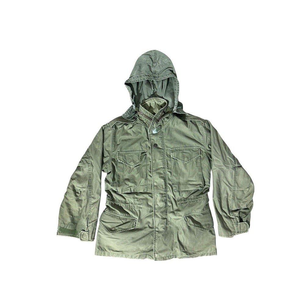Vtg Army Jacket M65 Sateen OG-107 Field Coat Vietnam Distressed BarWire Has Hood